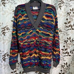 COOGI Vintage 3D Knit Sweater Multicolor Stand Collar V-Neck Australia Men's S
